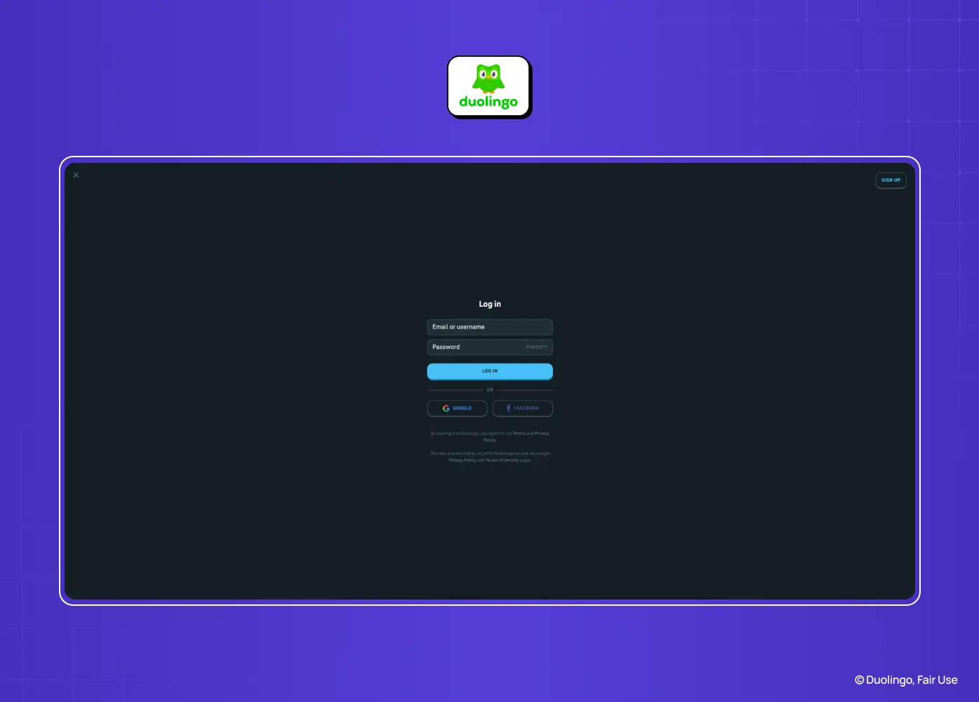 Duolingo login page with email and password fields, social login options, and a distraction-free dark interface.