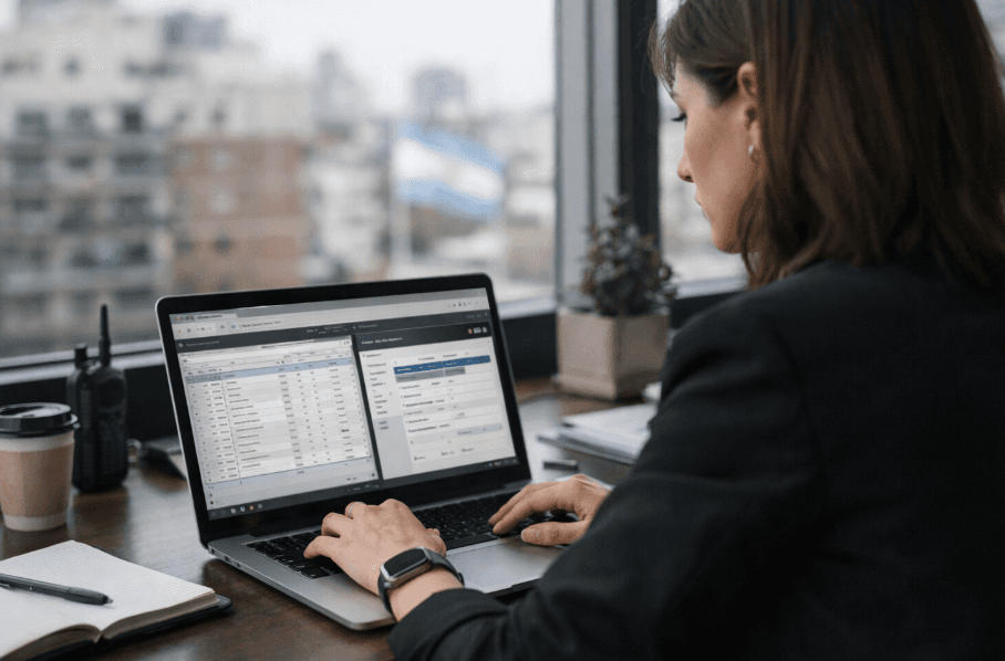 Mujer trabajando en una notebook con hojas de cálculo y un panel de gestión en pantalla, sentada en un escritorio junto a una ventana con vista urbana y una bandera argentina desenfocada al fondo.