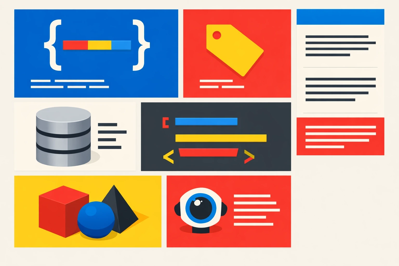 Swiss International and Bento Grid visualization of structured data and schema markup using modular panels, editorial typography, crisp lines, and matte geometric color fields