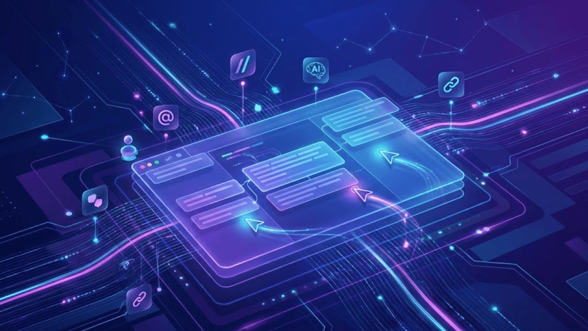 A futuristic, abstract 16:9 visualization of a unified project management workspace. Floating, translucent glass panels displayed in 3D space represent interconnected boards for Product, Engineering, and Design teams. Glowing neon lines visualize workflows, connecting "Epic" tasks to smaller child cards and linking different team boards together to show cross-functional execution. Integrated documentation layers stack seamlessly with task panels, while subtle glowing icons represent speed tools like global search. The scene is set against a deep blue background with vibrant purple and cyan accents, conveying high-speed collaboration and organizational clarity.