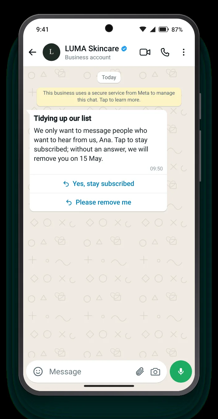 Confirming consent before the list is cleaned: WhatsApp re-engagement message on an Android phone