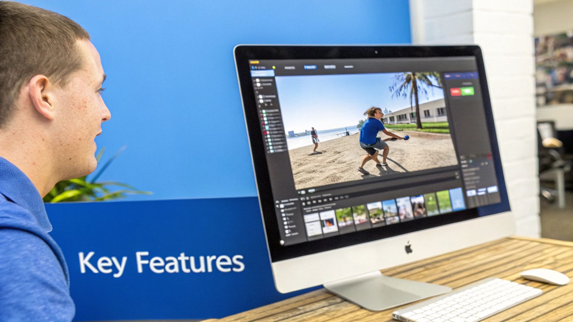 A close-up shot of a video editing timeline on a computer screen, with colorful clips and audio waves.
