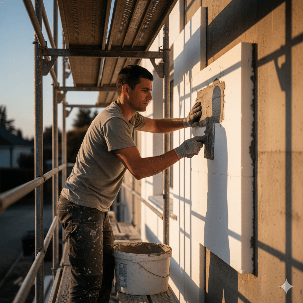 Façadier posant une isolation thermique par l'extérieur ITE sur un chantier