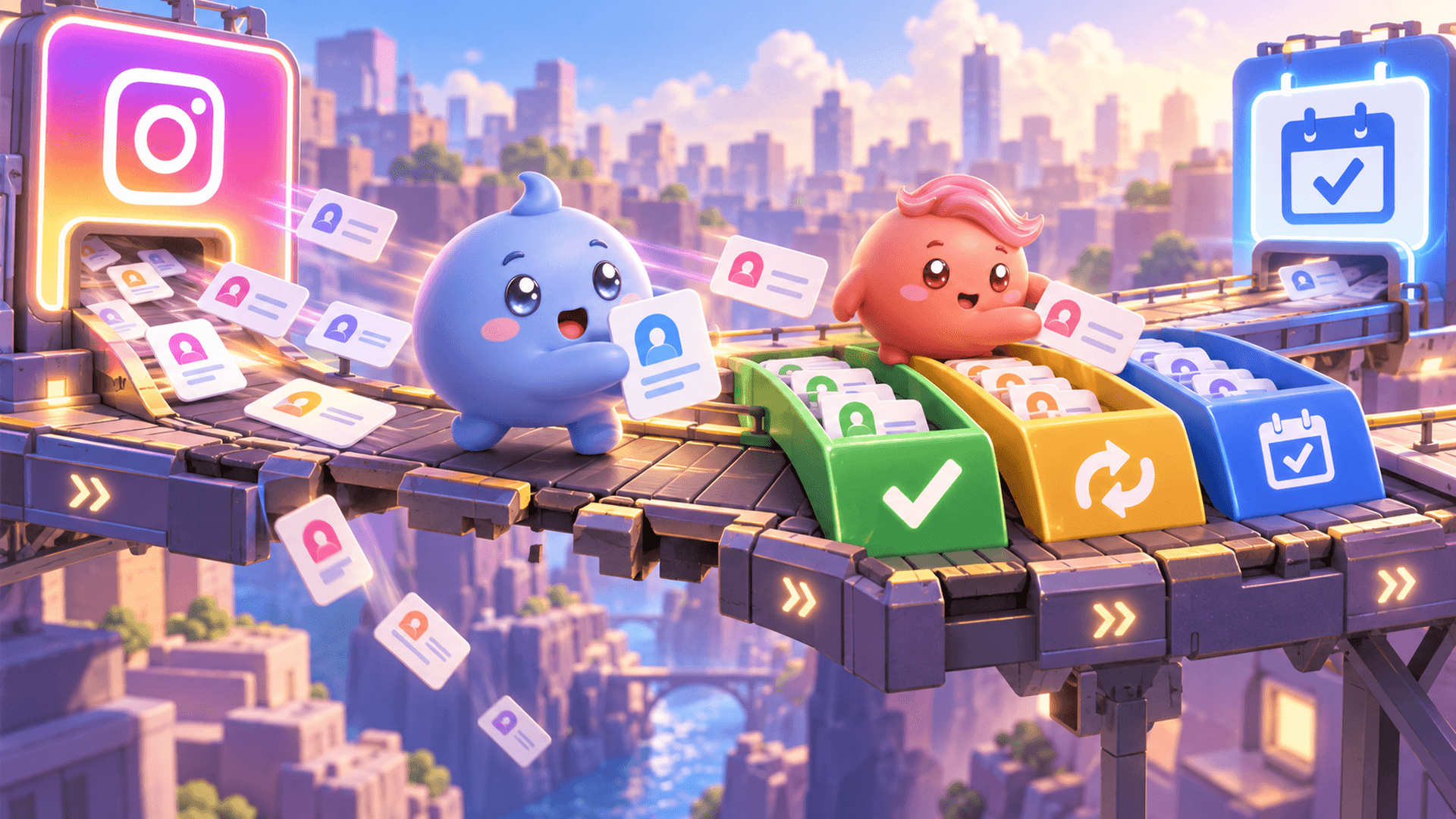 Two Mochi mascots catch and sort leads traveling from an Instagram ad toward qualified, follow-up and booked-call lanes on a moving bridge.