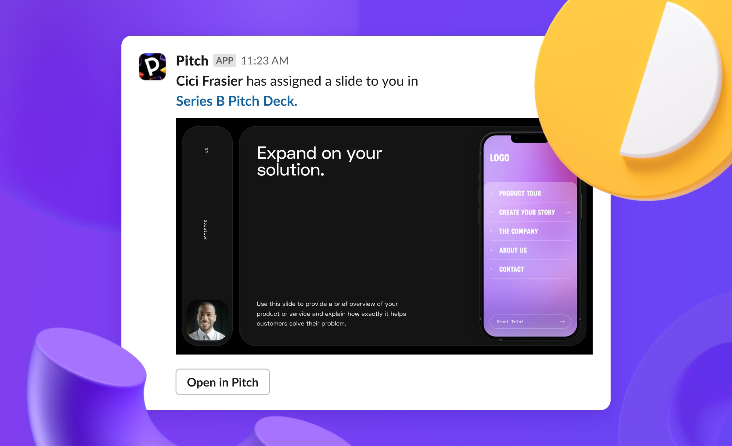 A notification in Slack indicating that a Pitch slide has been assigned.