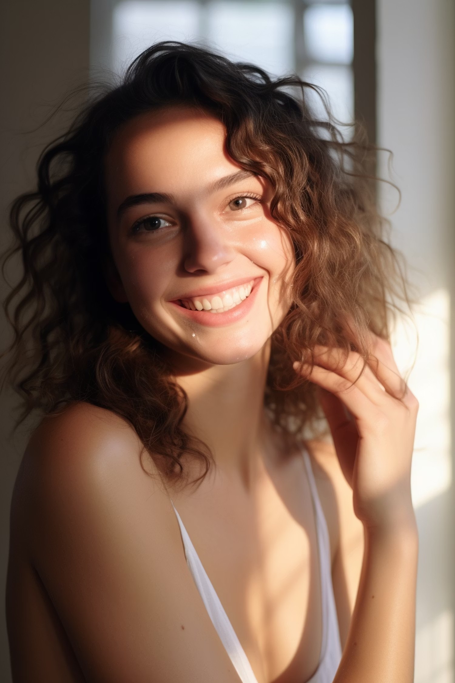 Woman smiling warmly with soft natural light, representing the joy and confidence of hormonal balance and wellbeing