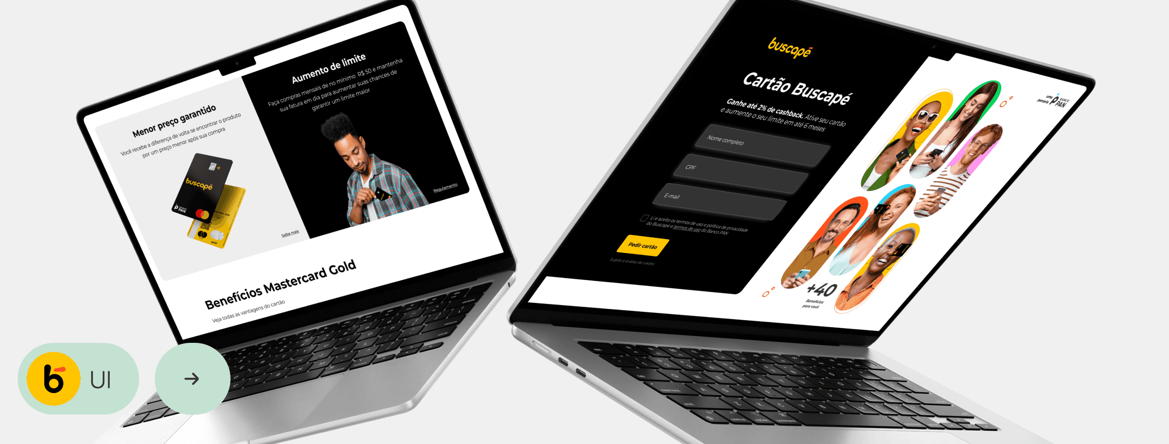 Dois laptops exibem a página do cartão Buscapé, com design moderno e intuitivo. A página da esquerda destaca os benefícios do cartão Mastercard Gold, como aumento de limite e menor preço garantido, enquanto a página da direita apresenta um formulário para solicitação do cartão e imagens de pessoas utilizando os benefícios.