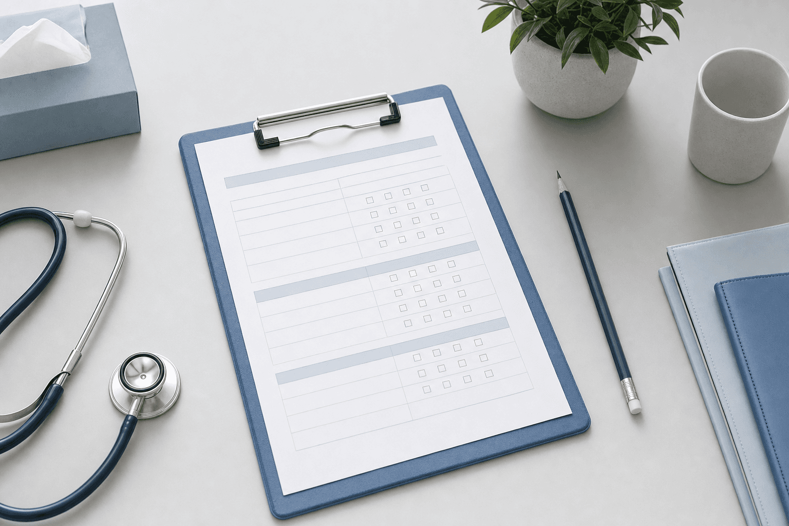A calm, professional clinical setting showing a clipboard with a questionnaire form on a clean desk surface, soft natural lighting, muted blue and gray tones, minimalist medical office aesthetic, viewed from above at a slight angle, pencil resting beside the form, conveying assessment and evaluation without any visible text or writing
