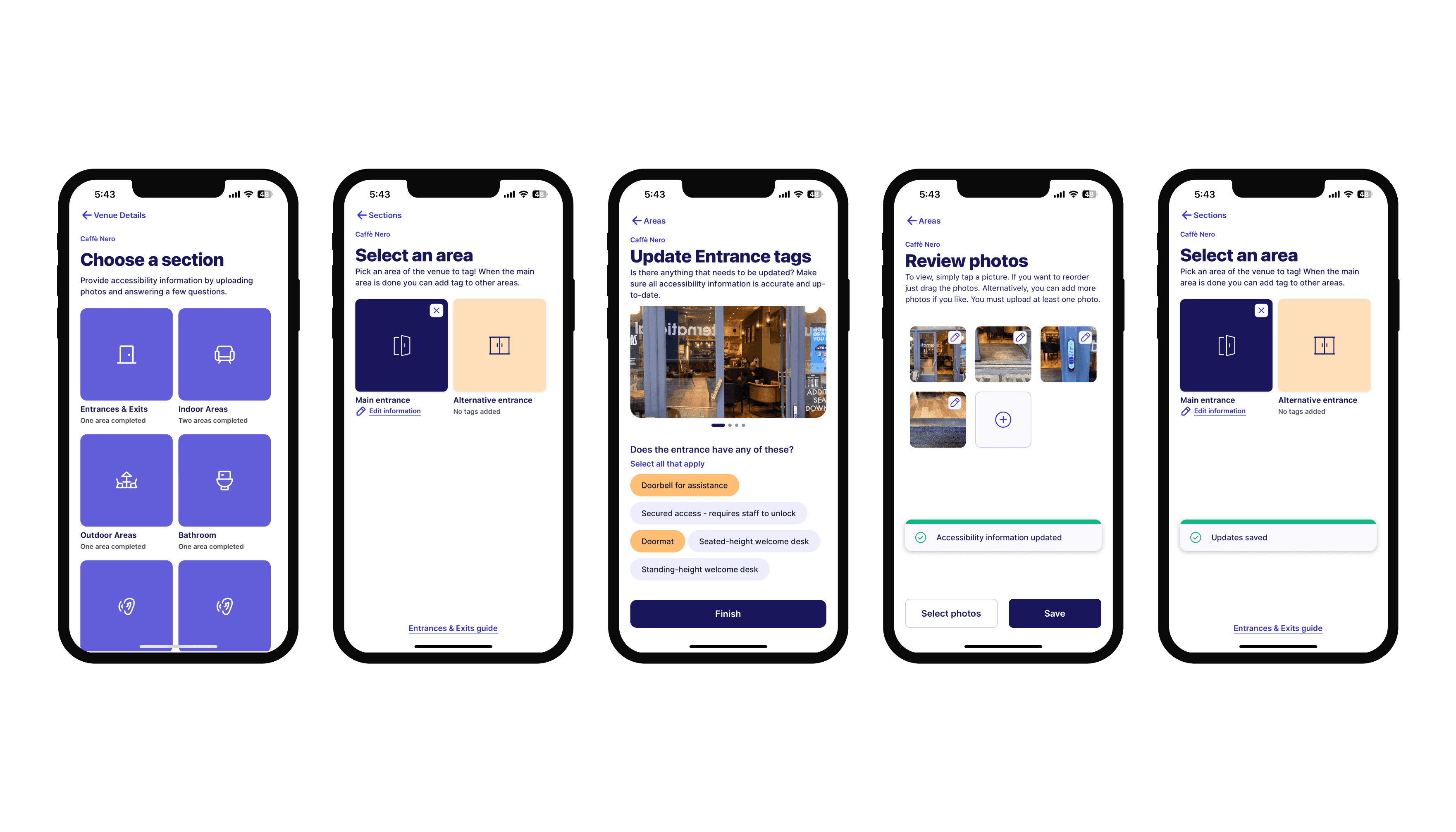 Screenshots of the sociability app showing how to edit accessibility information