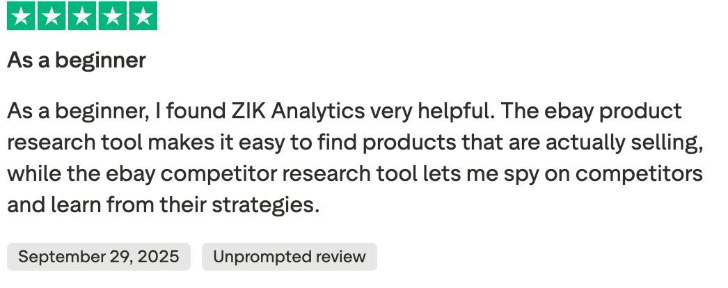 5-star beginner review for ZIK Analytics product research tool