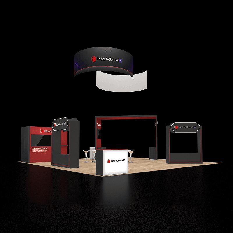 30x30 trade show exhibit with digital presentations, reception, and integrated storage