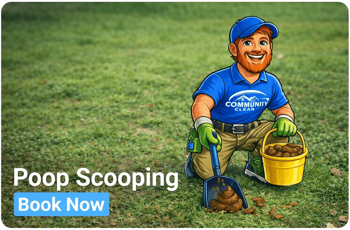 Community Clean mascot scooping pet waste — pet waste removal service