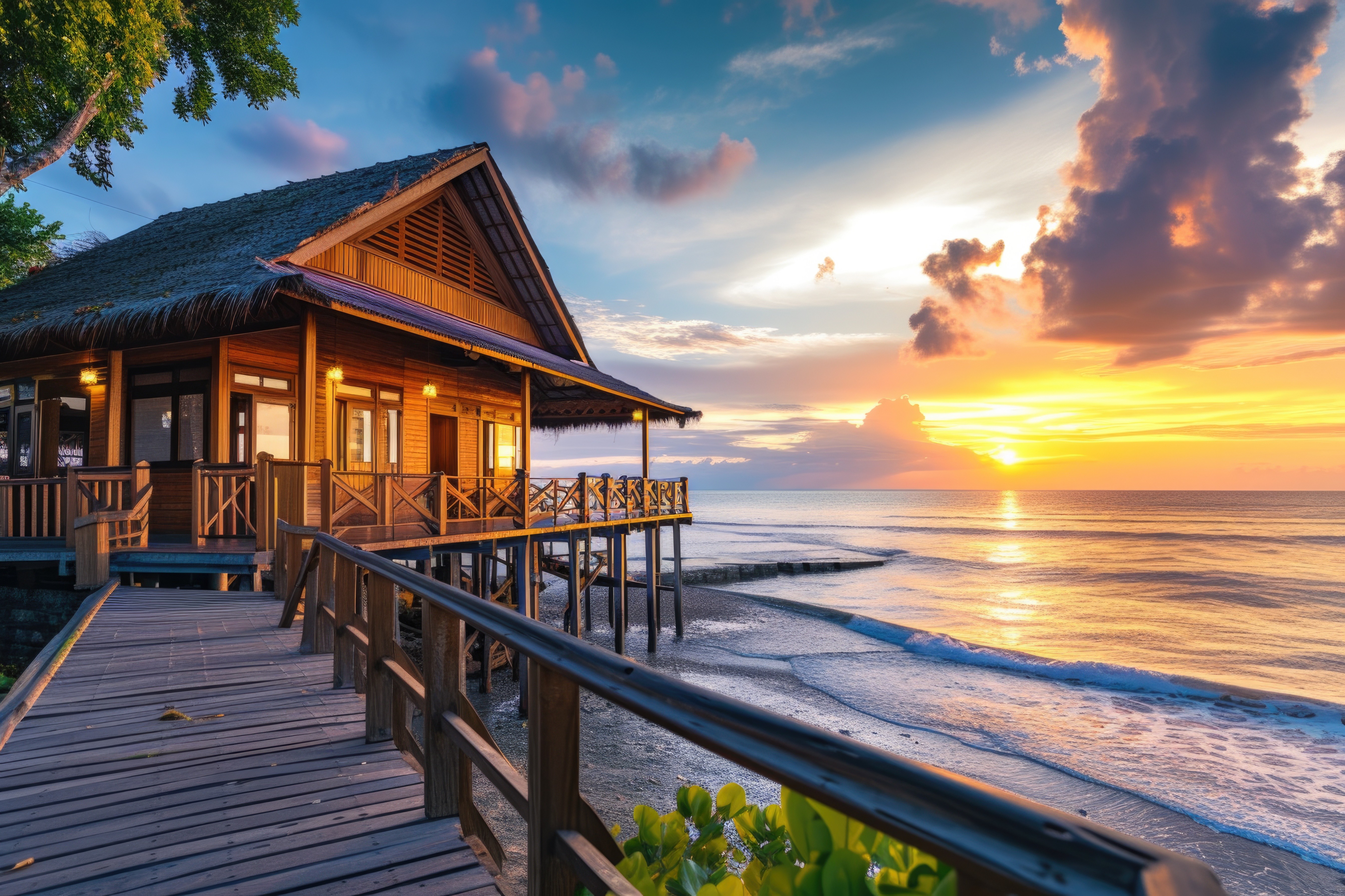 A serene sunset view of a wooden beachfront cabin with a thatched roof. Waves gently lap the shore, and the sky glows with vibrant orange and purple hues.