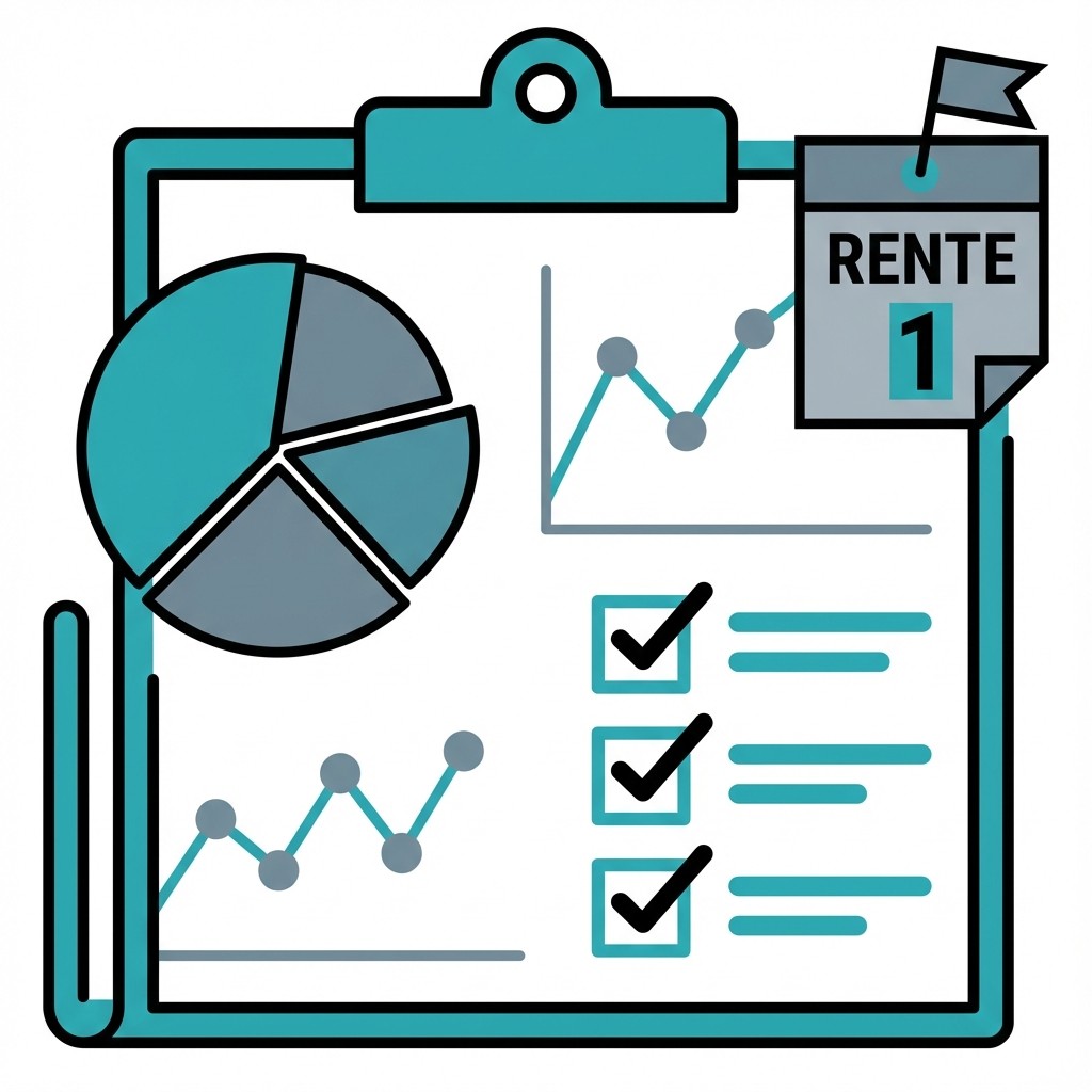 Illustration eines Klemmbretts mit Finanzdiagrammen, Checkliste und einem Kalenderblatt mit der Aufschrift „RENTE 1“.