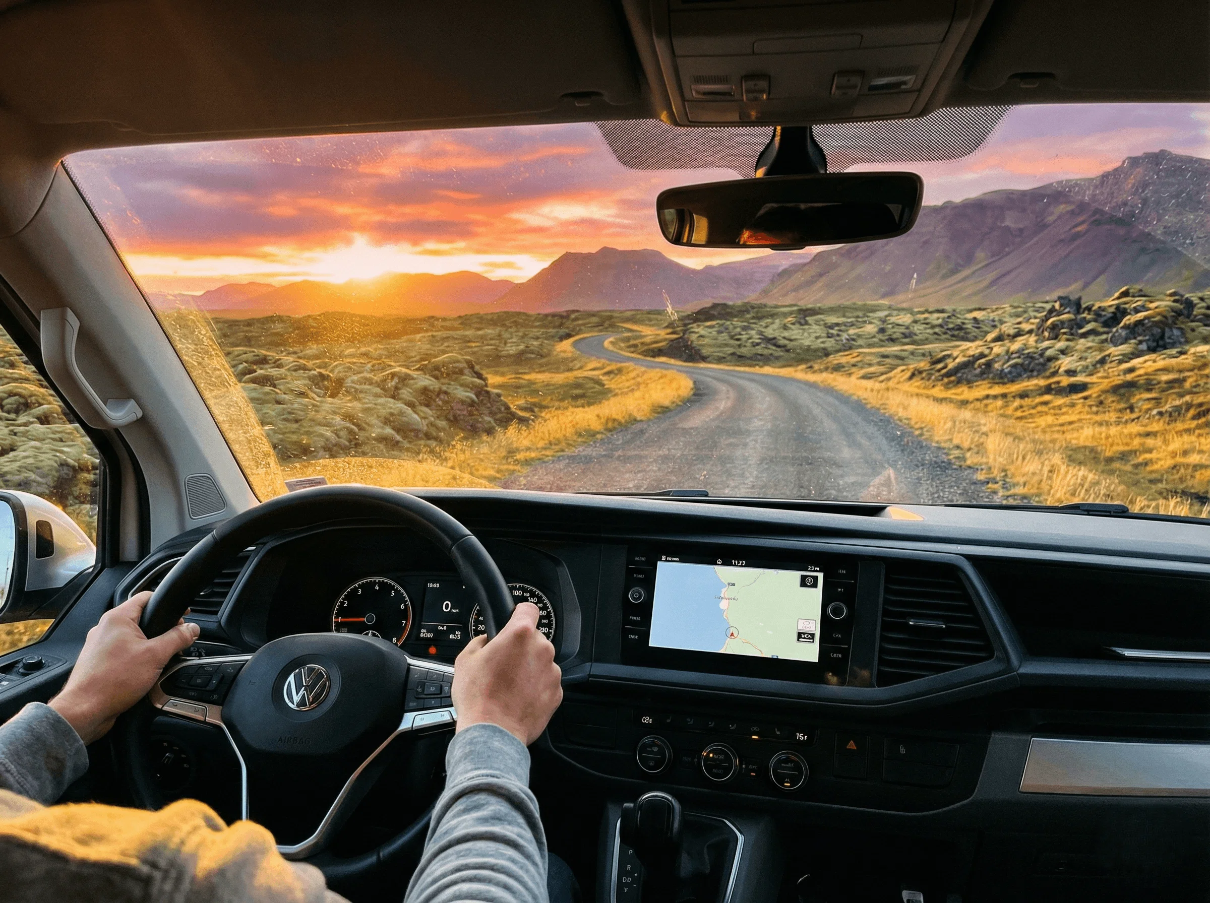 View from the driver's seat looking out at a road leading towards a bright sunset over the mountains.