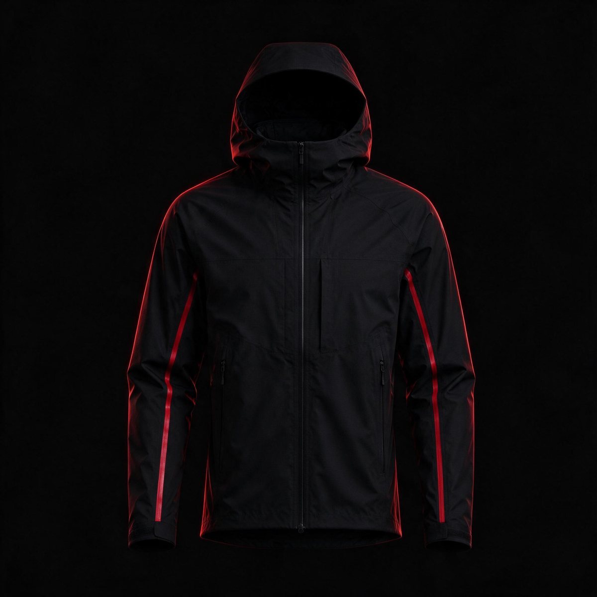 Black hooded shell jacket with red taped seams on the sleeves
