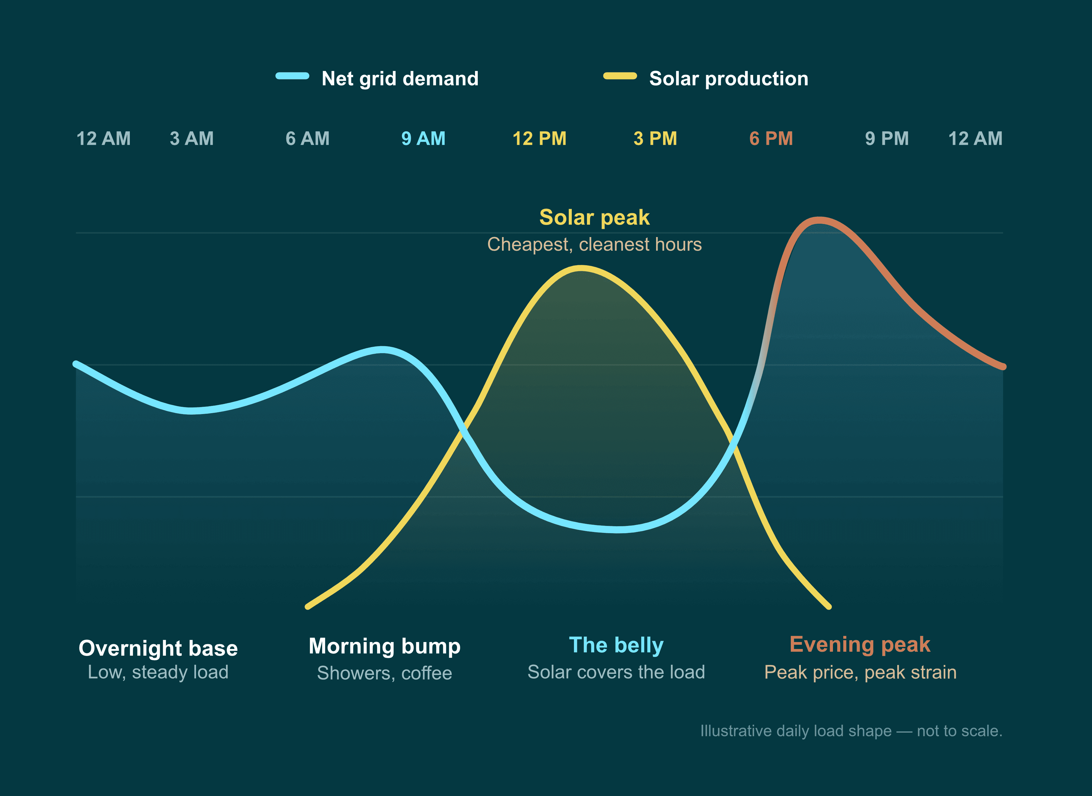 Graph showing “duck curve” of electricity demand vs solar production.