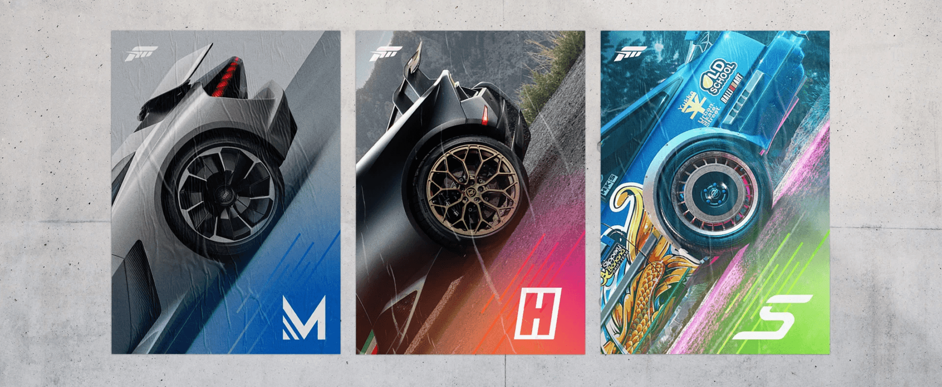 Three marketing posters for Forza Motorsport M, H and S
