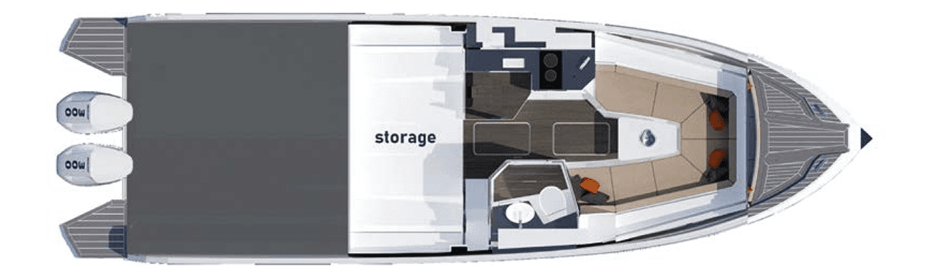 Vue de dessus d'un bateau à moteur moderne au design épuré et doté d'un moteur hors-bord.