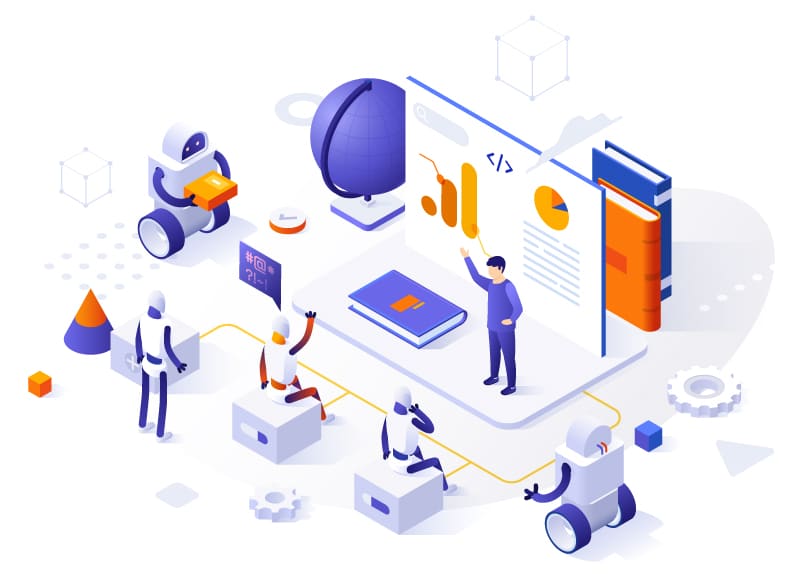 Vector graphic of characters presenting analytics on screen
