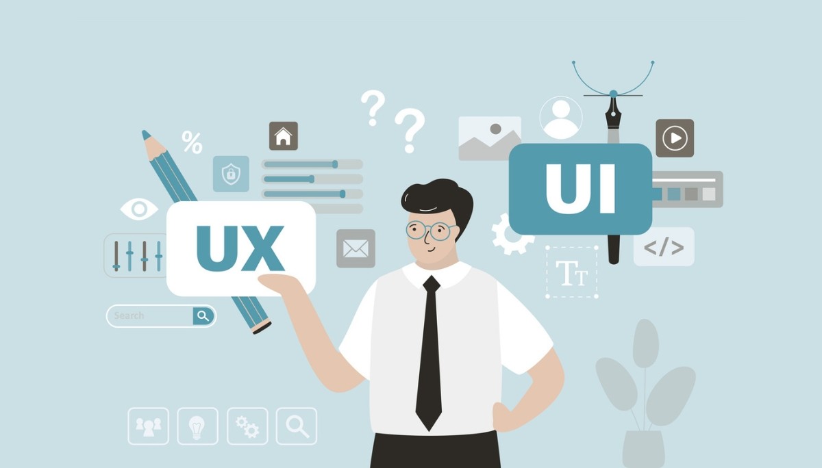 Illustration of a person holding “UX” and “UI” signs while surrounded by digital design icons like sliders, gears, search bars, and code brackets, representing the skills, costs, and platforms involved in hiring React developers.