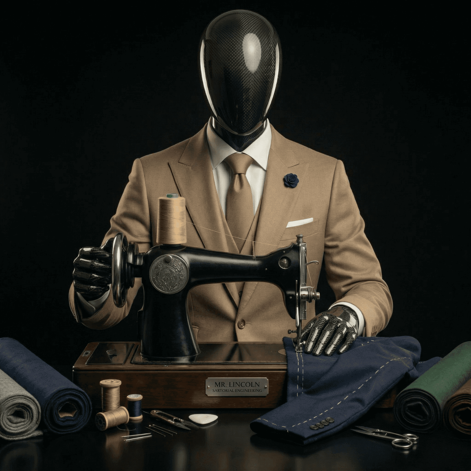 Mannequin with sewing machine in beige suit