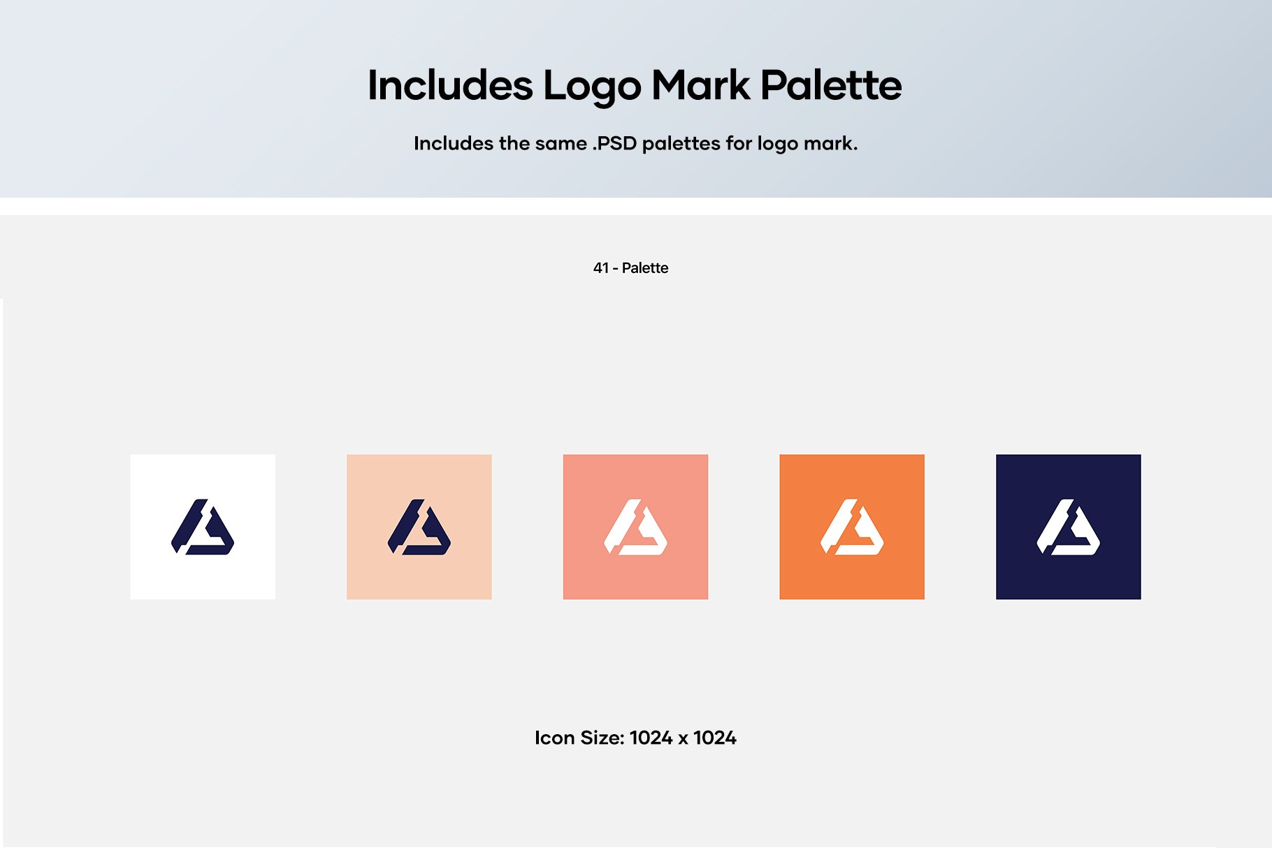 Logo mark palette section showing different color applications for logo design in a 1024x1024 size.