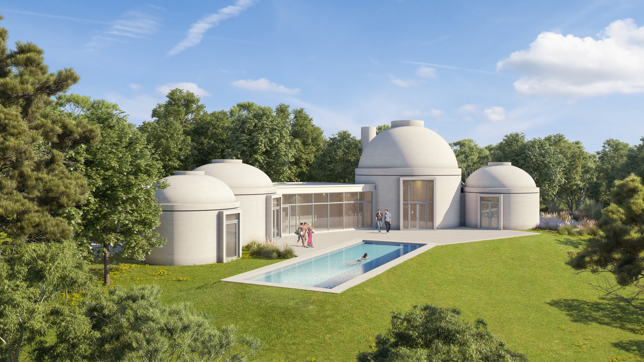 Pantheon House ensemble: View of the luxury home concept with multiple domes, linked together to create dramatic and grand living spaces.