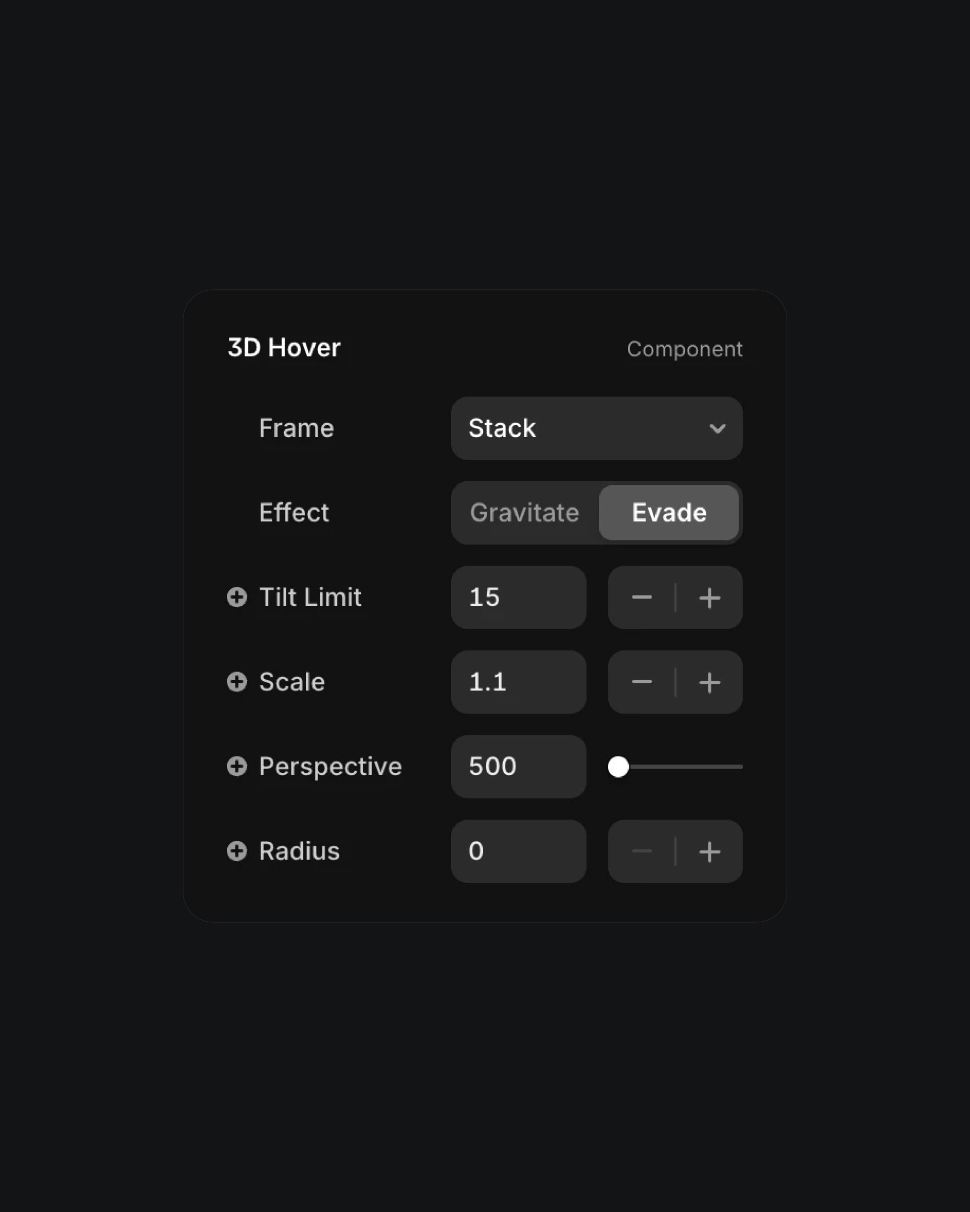 3D hover settings with frame stack, tilt, scale, and perspective options