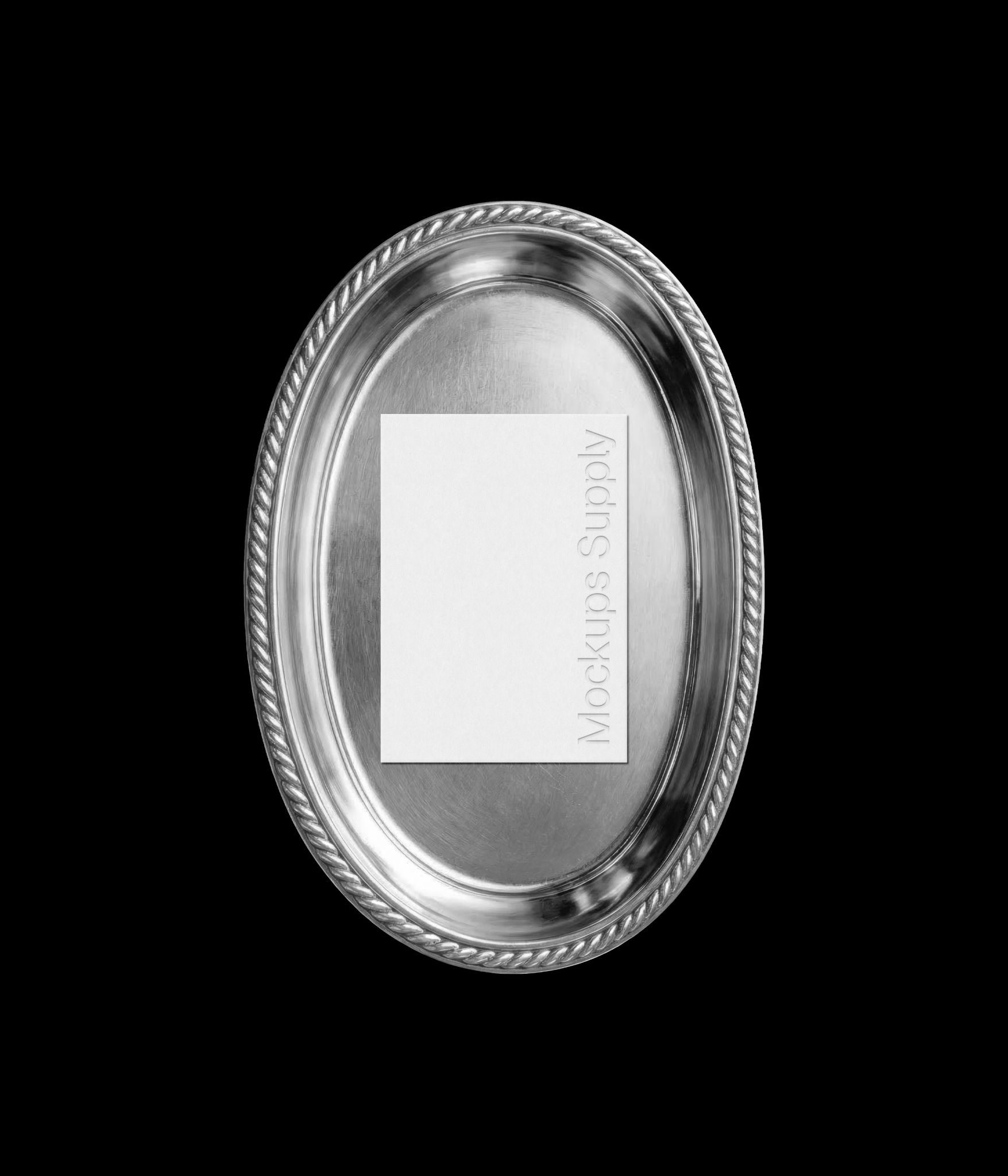 A5 menu card mockup on silver plate with debossed text for restaurant branding presentation