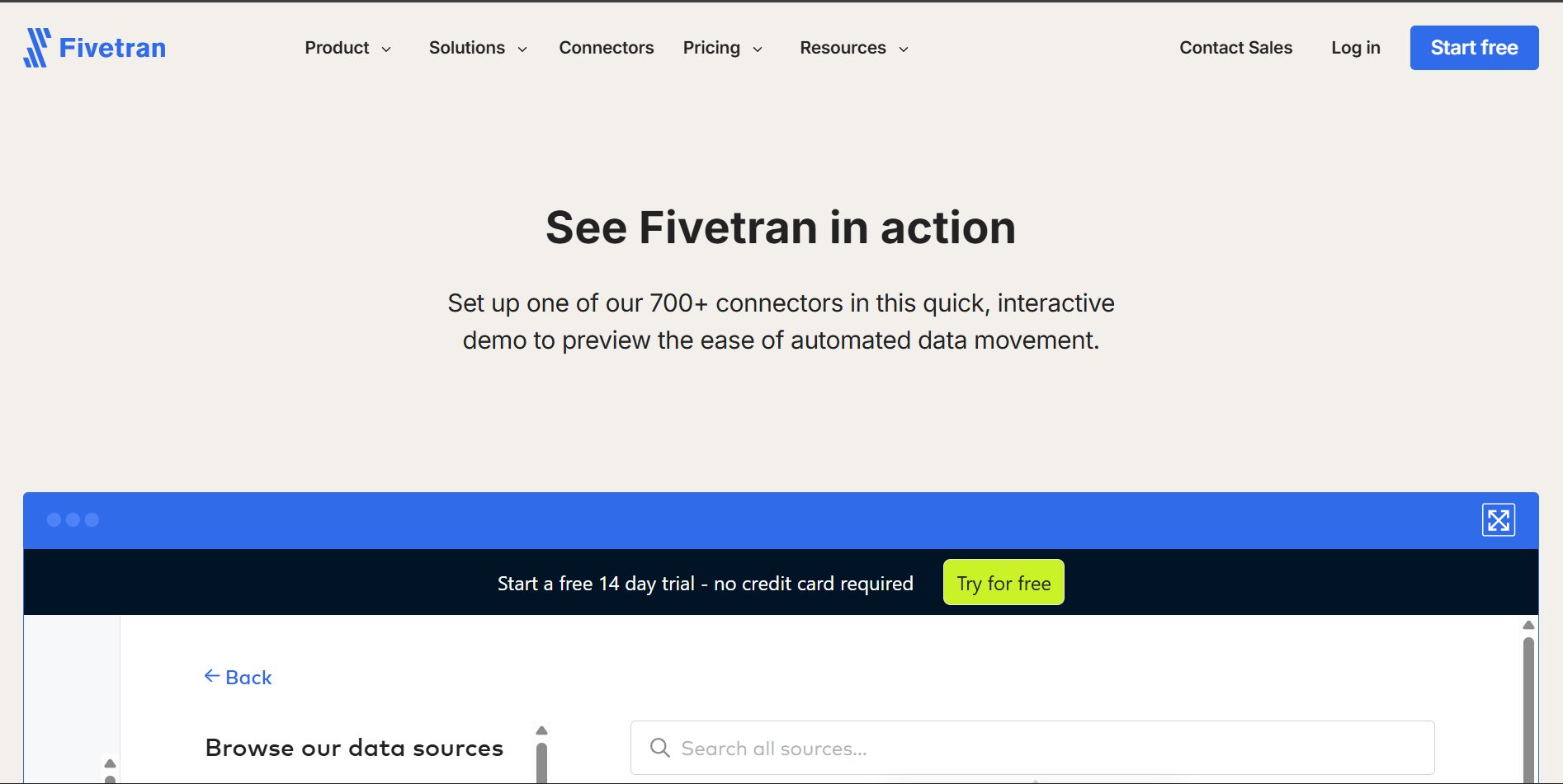 Fivetran's website for an interactive demo, promoting 700+ data connectors and a free trial.