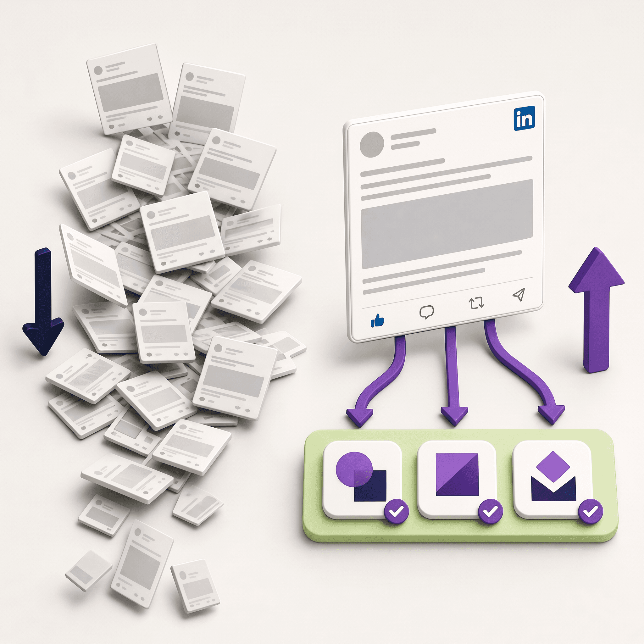 A messy pile of generic LinkedIn ads with a down arrow next to one sponsored post aimed at three checked target companies with an up arrow