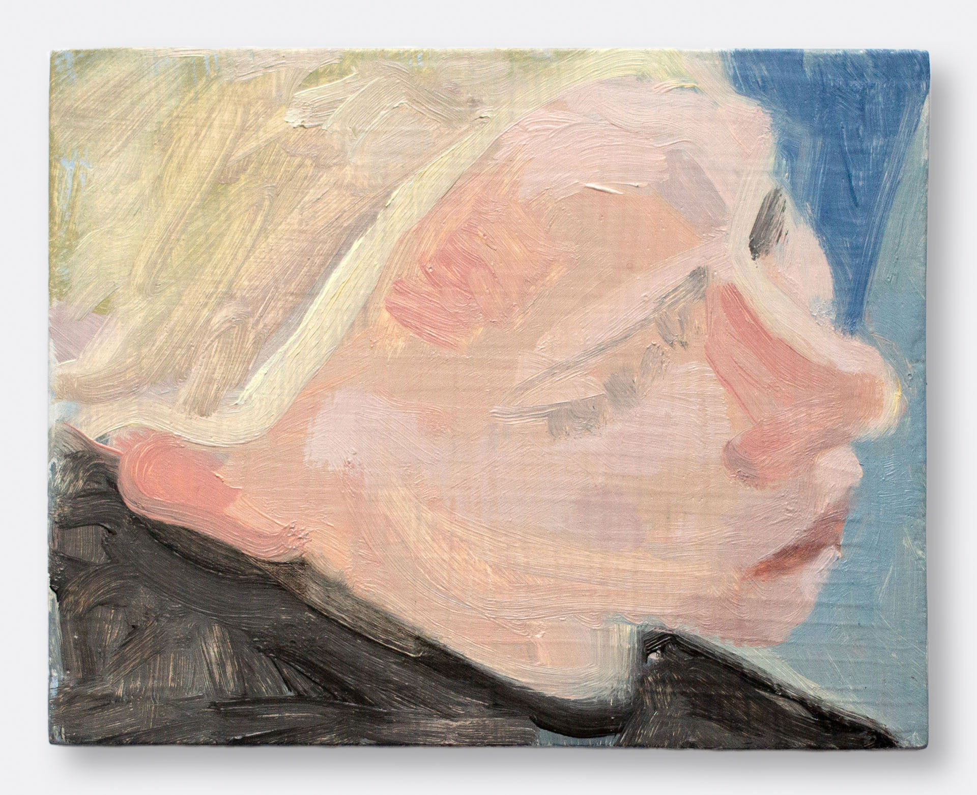 Tavi on the Rug, 2023, oil on panel, 6x8"