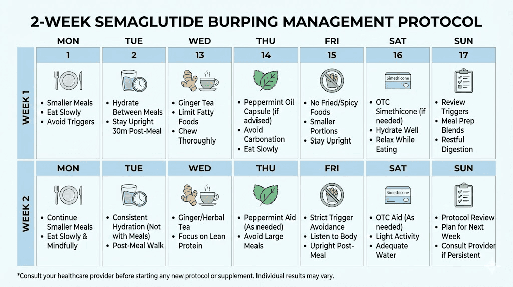 Two-week semaglutide burping management protocol with daily action steps