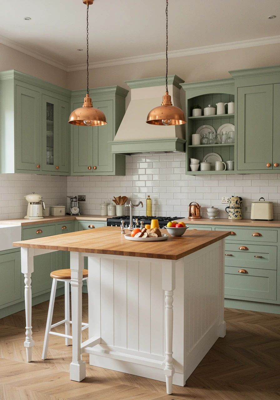 Farmhouse kitchen featuring sage green cabinets, cream walls, and vintage-inspired details