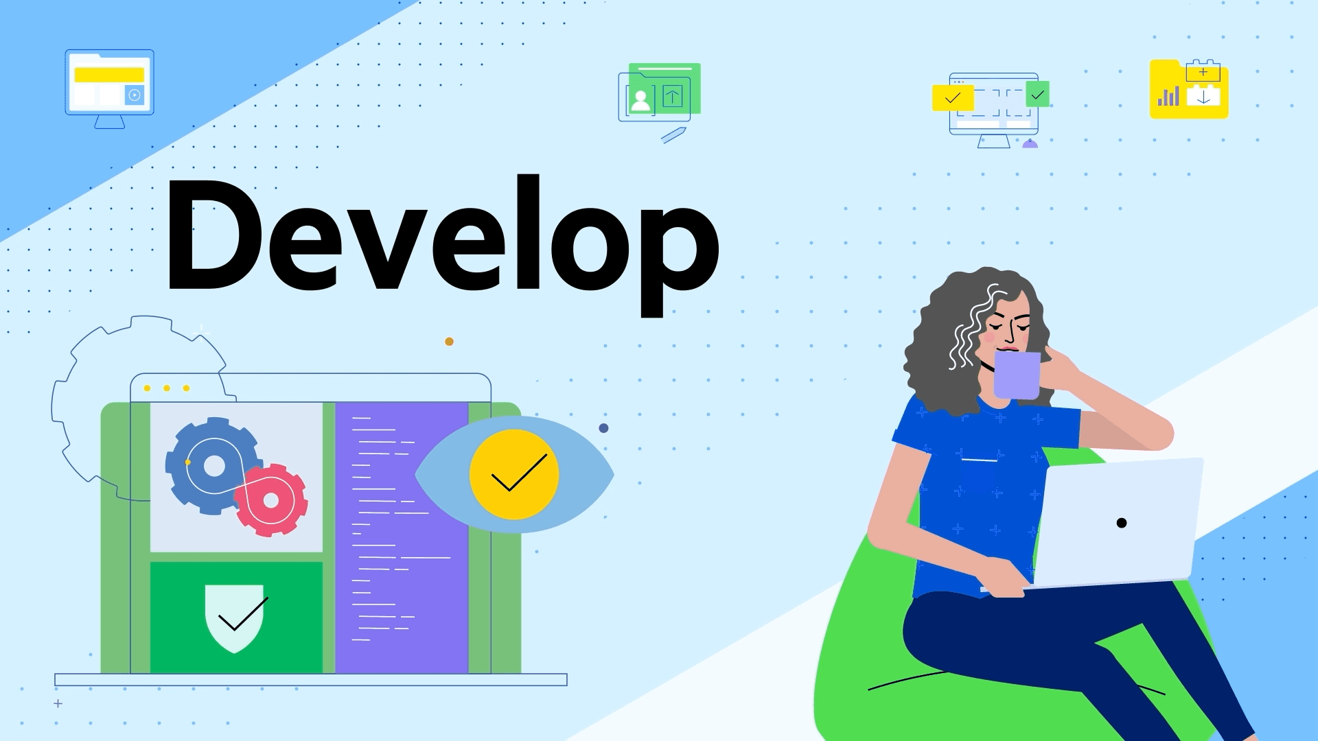 Motion graphic showing woman coding on laptop beside the word Develop in a bright tech illustration style
