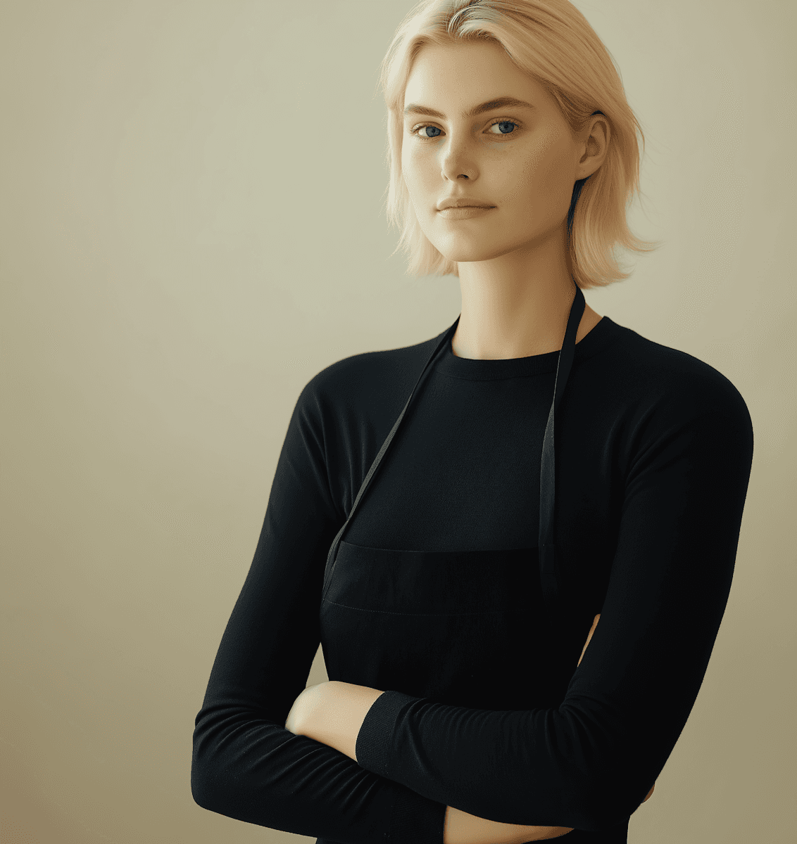 Blonde woman in a black long-sleeve and apron, arms crossed—minimalist studio portrait on a beige background.