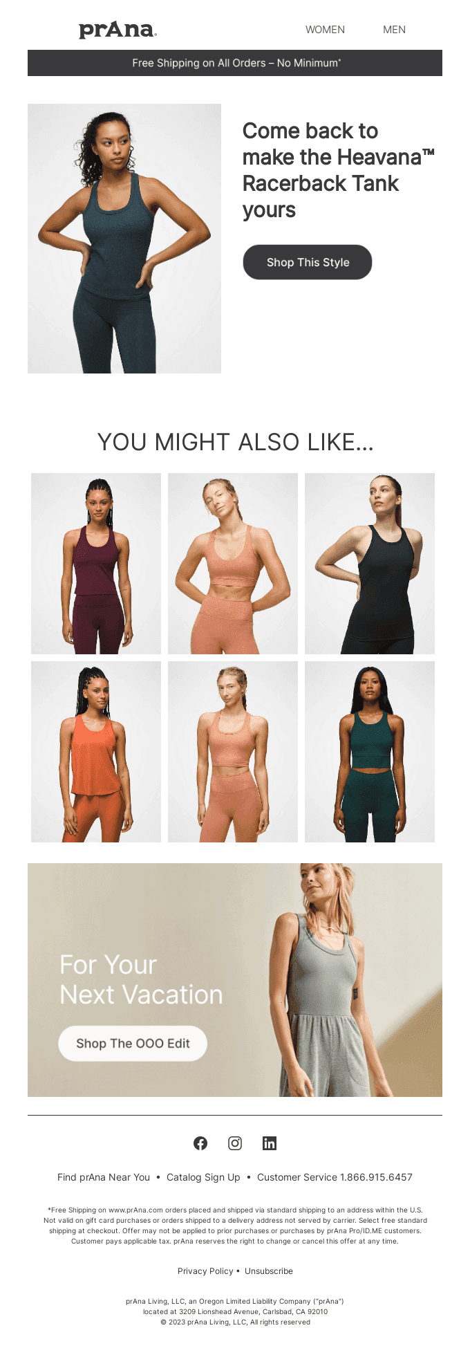 Prana browse abandonment email promoting the Heavana Racerback Tank, with personalised recommendations for yoga and activewear styles, and a Shop This Style call-to-action.