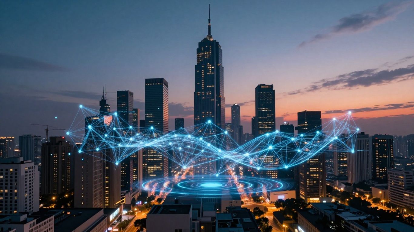 AI neural network patterns over futuristic cityscape.
