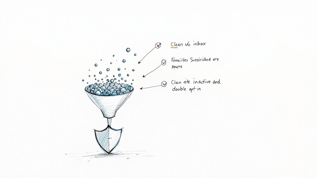 Hand-drawn illustration of a funnel purifying bubbles, with a checklist for cleaning inboxes and inactive subscribers.