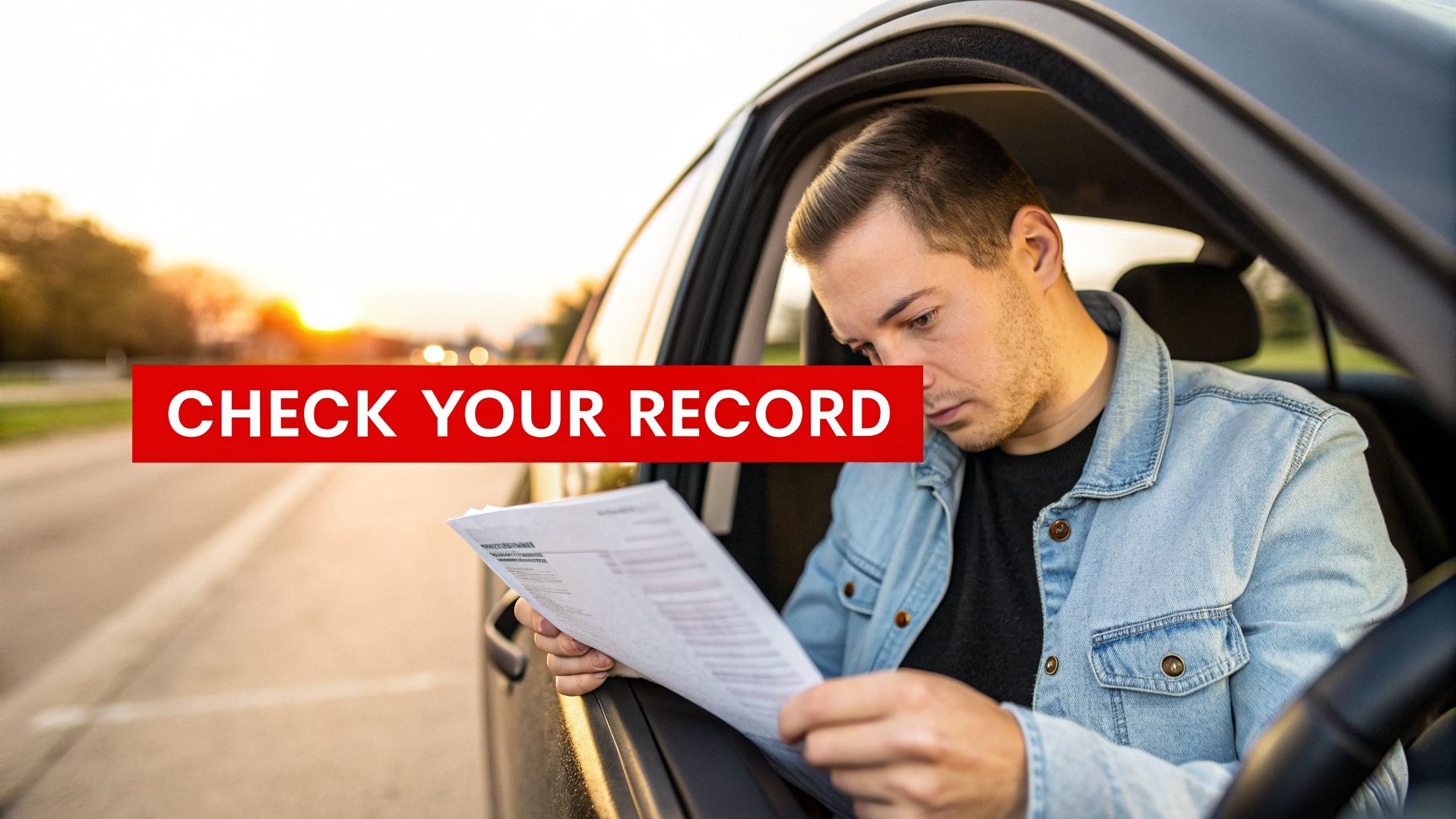 A man in a car seriously reviews a document, with a 'CHECK YOUR RECORD' banner overlay.