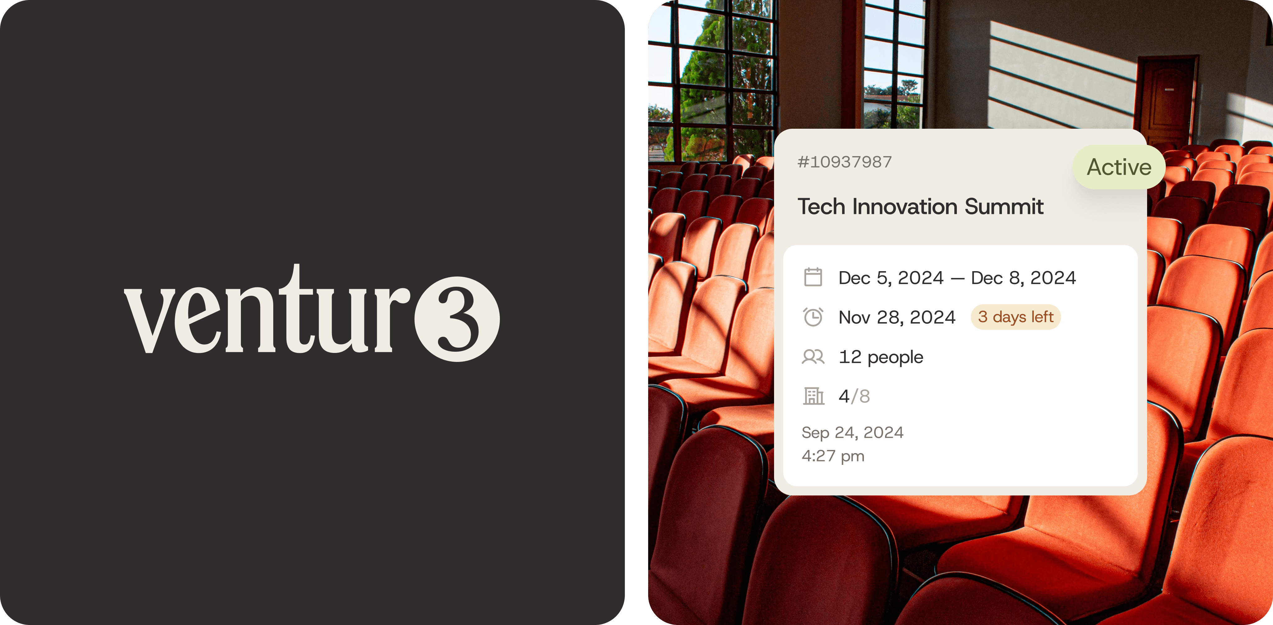 Logo for Ventur3 on the left, and a event planning app interface showing event details on the right.