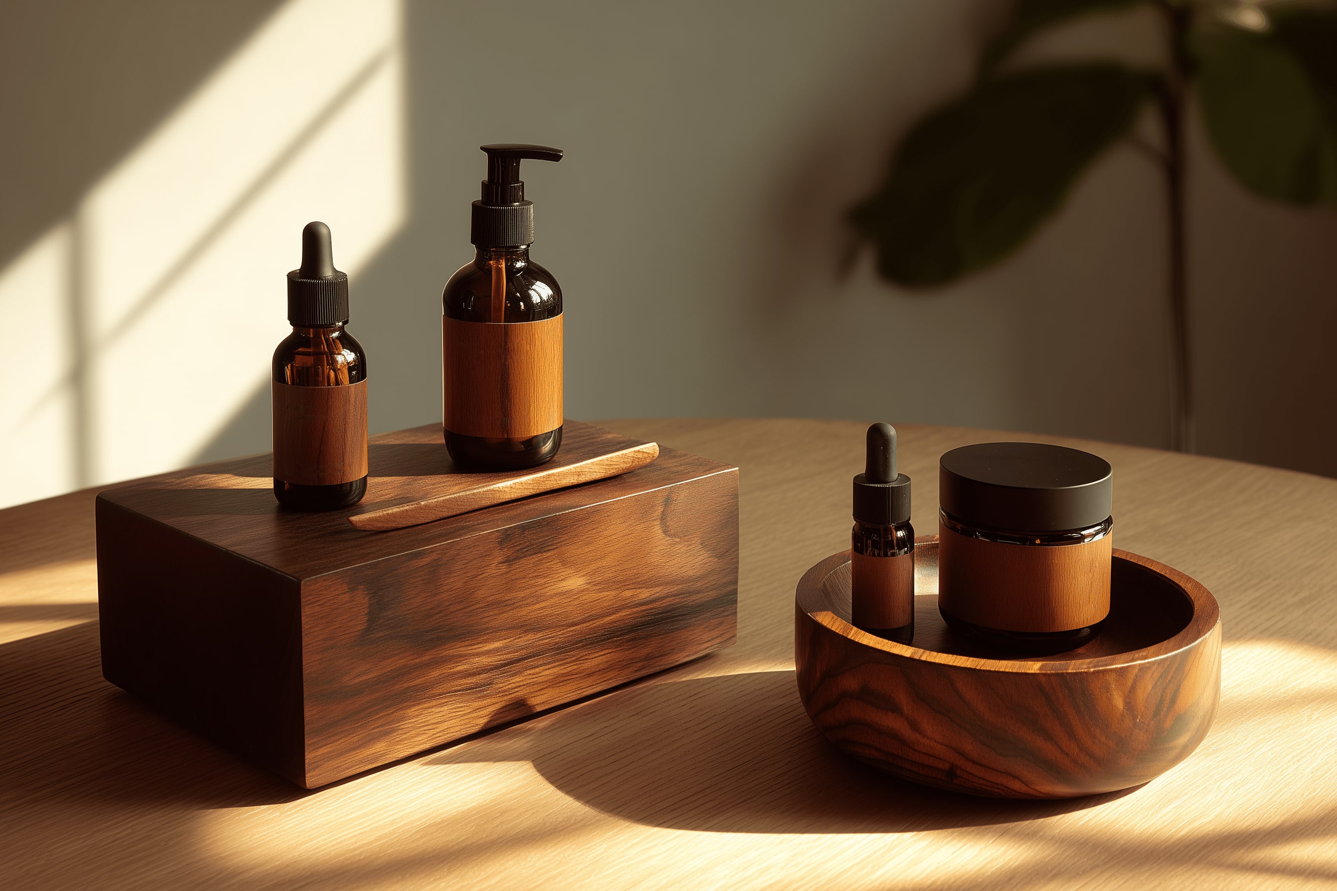 Bottles and skincare products on a table with brown tone with strong shadows