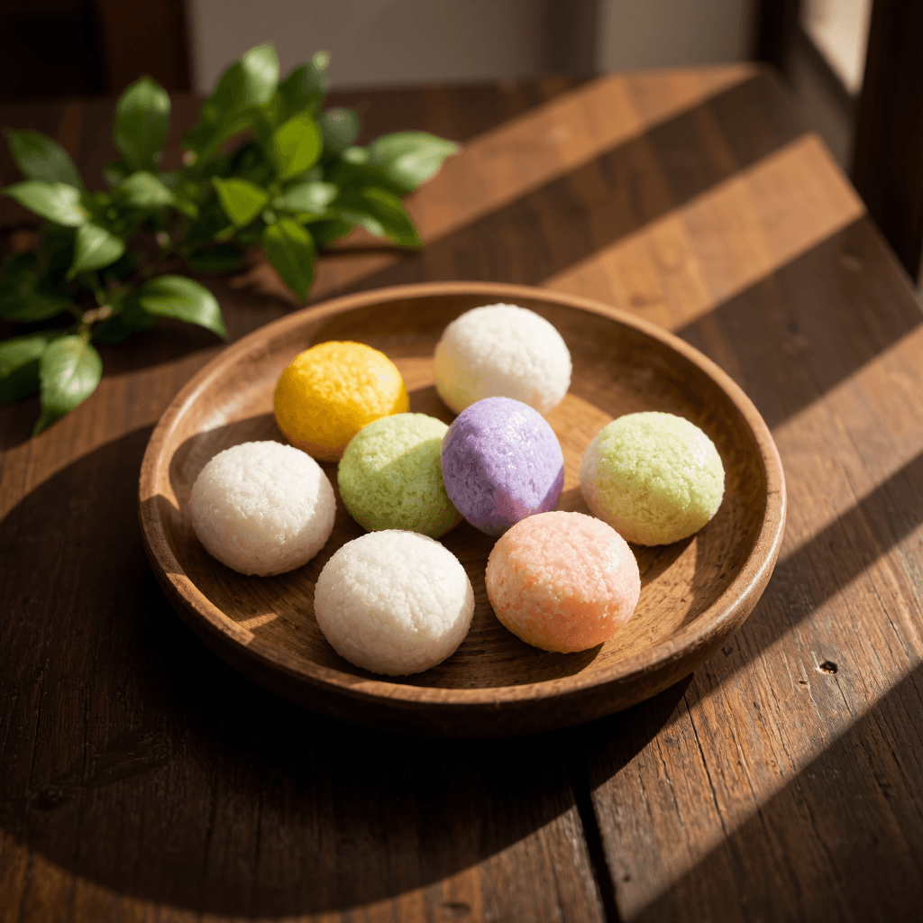 product photography of a plate of colorful rice cakes