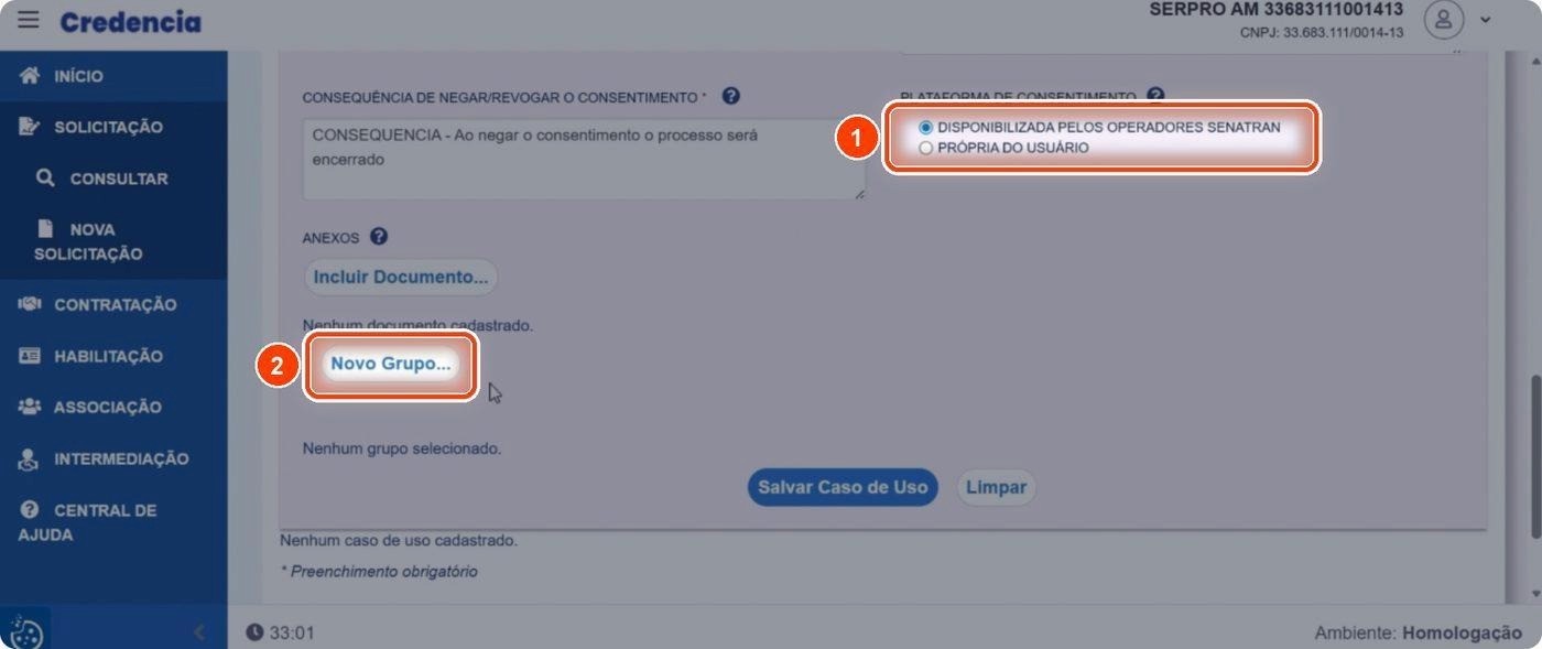 Captura de tela de referência do Credencia para Passo 5 — Selecionar a plataforma de consentimento e abrir um novo grupo. Contexto: 41 — Revisão — Solicitação de validação.