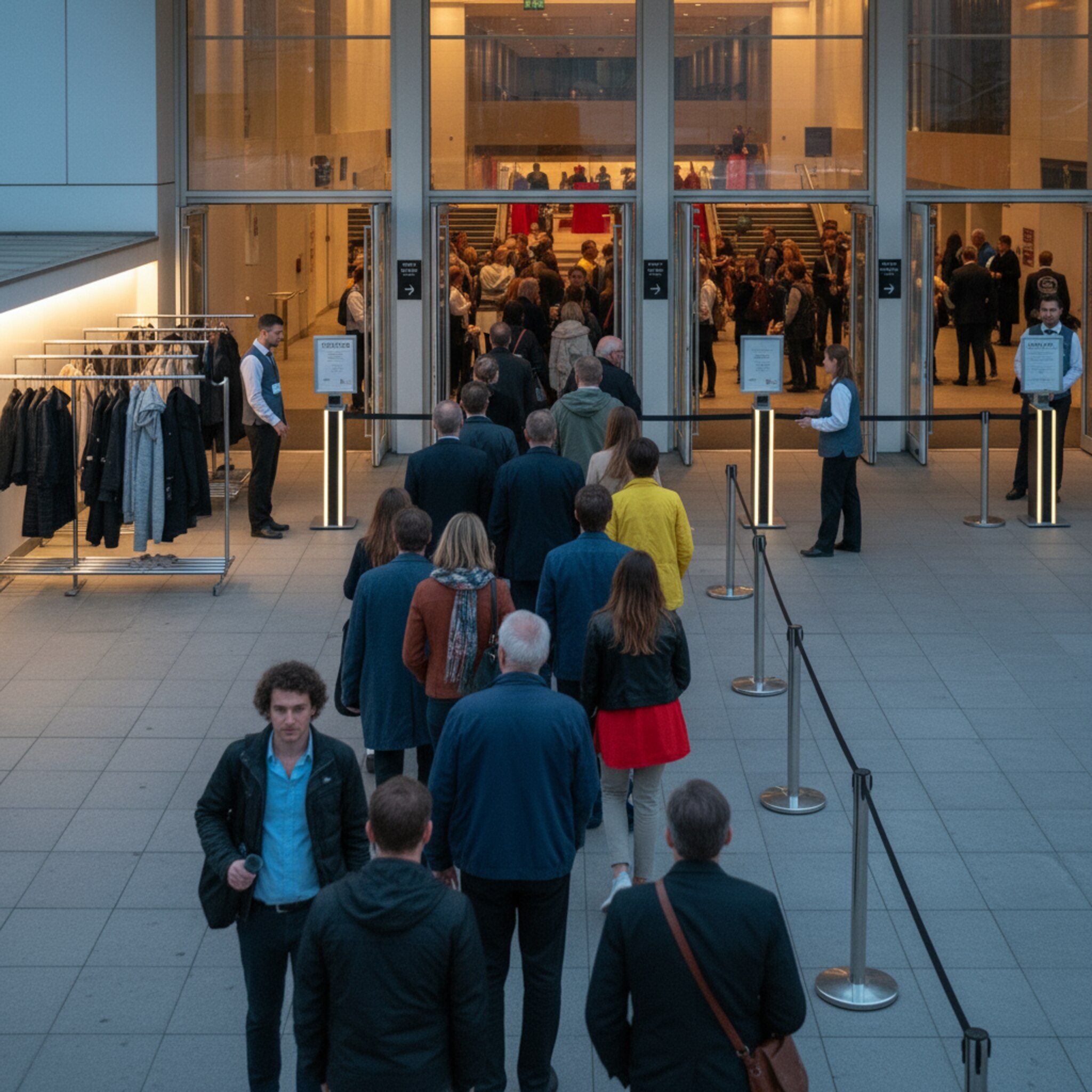 Vor den Türen formieren sich gleichmäßige Reihen, das Personal dirigiert freundlich und bestimmt. Besucher bewegen sich in ruhigen Wellen in die Halle, Garderobenhaken füllen sich. Der Einlass wirkt abgestimmt, sicher und zügig.