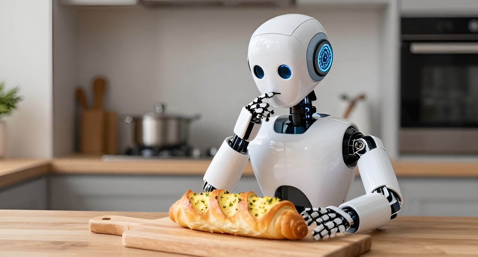 Robot contemplating the taste of garlic bread