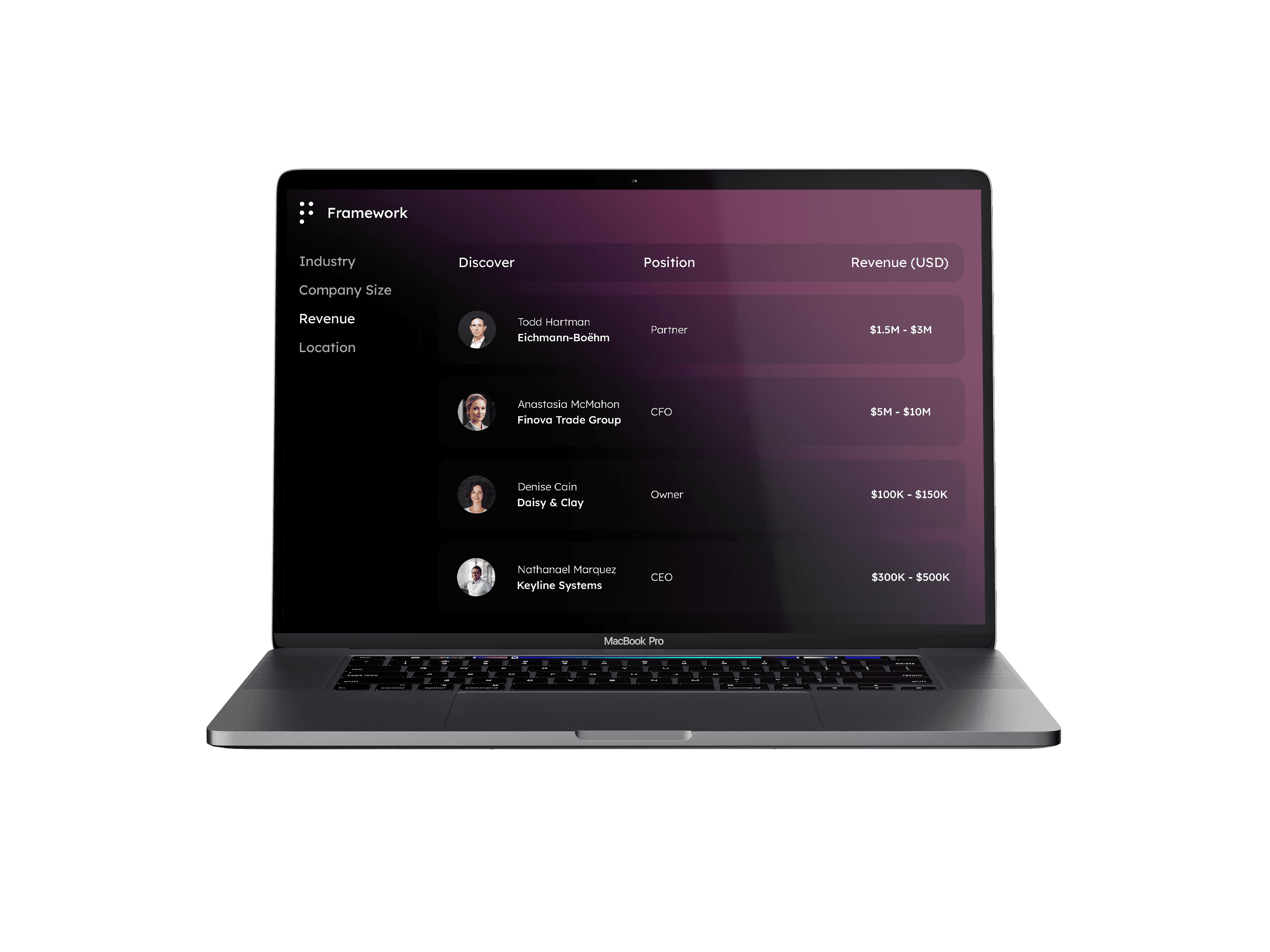 Front-facing MacBook Pro mockup displaying the Framework business intelligence dashboard with executive profiles, company positions, and estimated revenue data. The dark purple gradient interface is presented against a minimalist black and white abstract background, creating a sleek enterprise technology aesthetic.