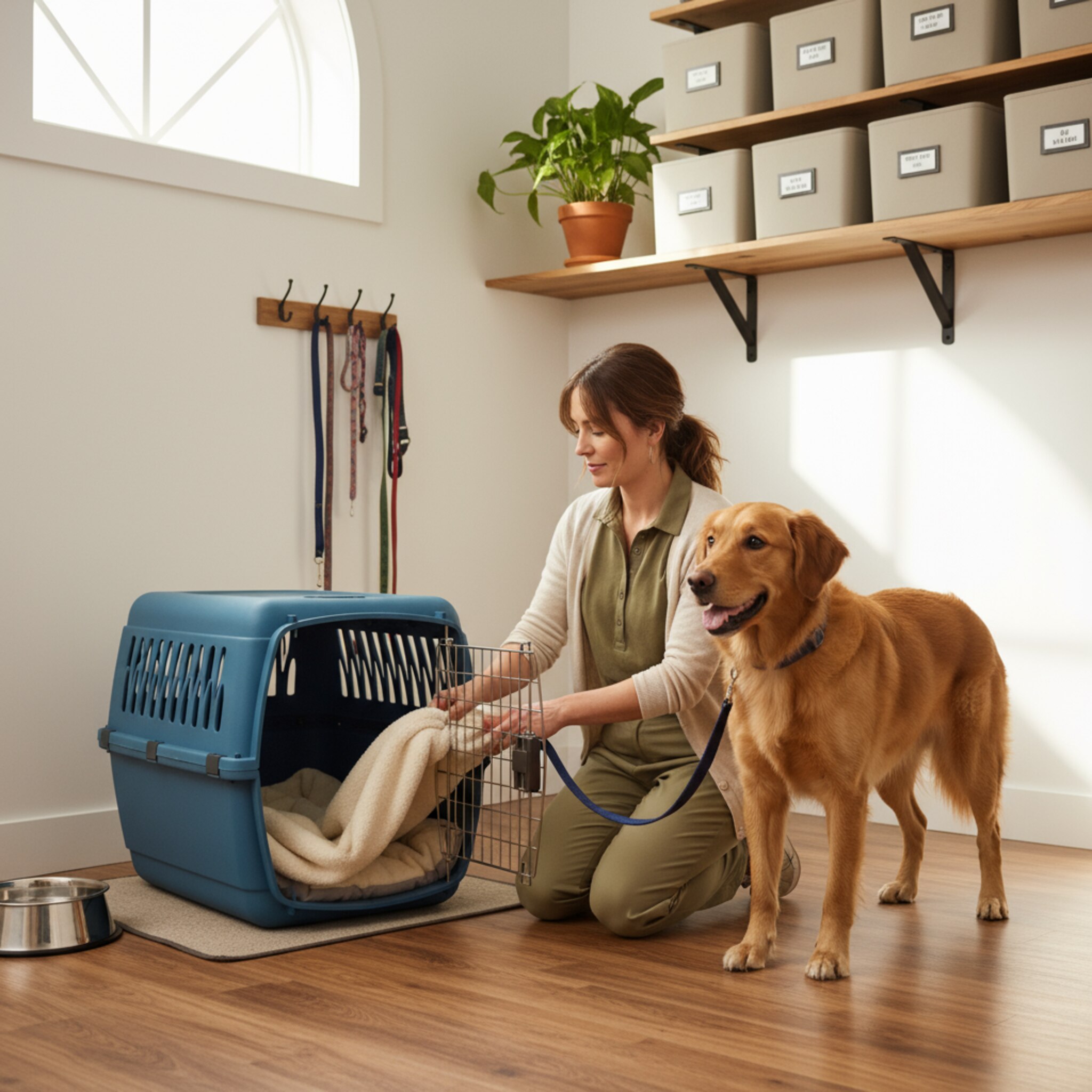 Eine Betreuerin öffnet eine helle Box, prüft die frische Einstreu und legt eine gefaltete Decke hinein. Ein Hund wartet aufmerksam an kurzer Leine und schaut neugierig in den Raum. Die Luft wirkt sauber, die Bewegung ruhig und routiniert. Ein klarer, geordneter Moment.