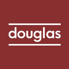 The standard Douglas mattress logo: white lowercase text inside white horizontal lines on a deep red background. Used for the featured offer section.